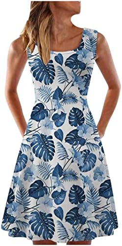 Bayan Yaz Günlük Elbiseler Boho Çiçek Ekip Boyun Kolsuz Bir Çizgi Mini Tank Elbise Plaj Yensiz