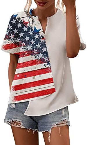 Vatansever Gömlek Kadınlar için ABD Bayrağı Gömlek Düzensiz Hem V Yaka Kısa Kollu Bluz Üst Yıldız Çizgili Vatansever Yaz