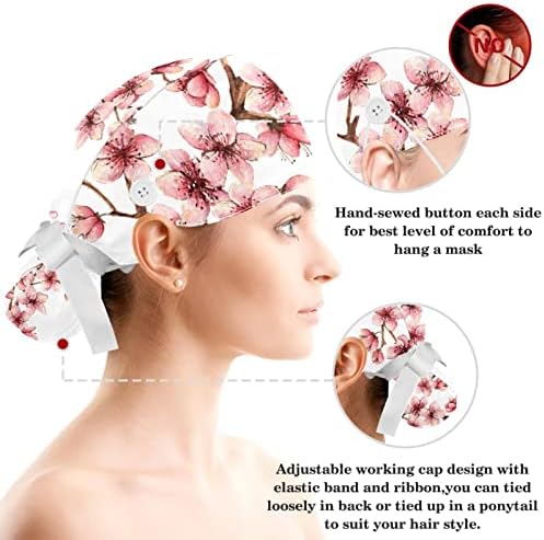 Kiraz Blooming Sakura Çiçekler Çalışma Kap ile Düğme ve Ter Bandı Ayarlanabilir Unisex Kravat Geri Şapka Hemşire Cerrahi