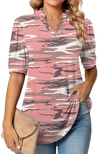 lcepcy Yaz Uzun Gömlek Bayanlar için Şık Rahat Puf Kollu V Yaka T Shirt Gevşek Fit Bluzlar Tayt ile Giymek