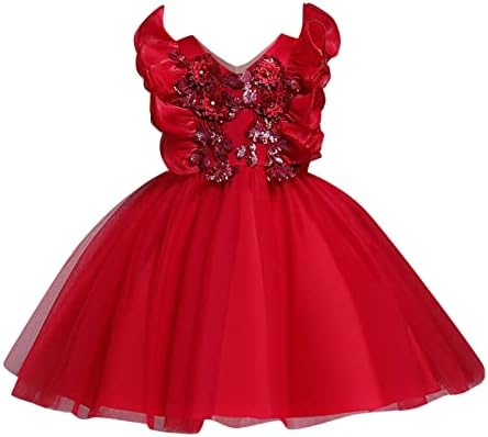 KAGAYD Toddler Kız Elbise Toddler Kız Elbise Kolsuz Prenses Çiçek Örgü Elbise düğün elbisesi Çocuk Giyim için (Kırmızı, 3-4