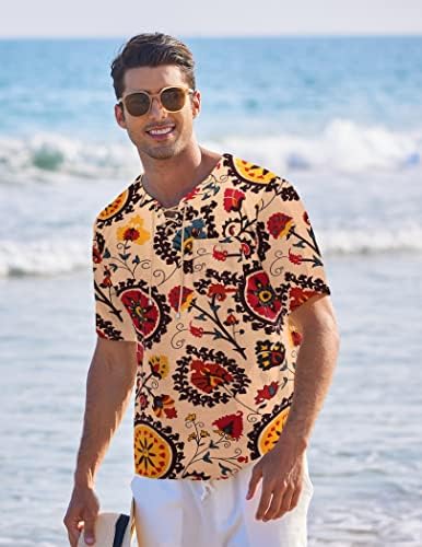 COOFANDY Erkekler Rahat Pamuk Keten T Shirt Kısa Kollu Plaj Dantel Up Hippi Gömlek