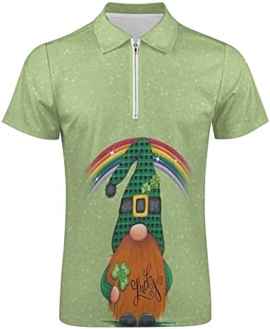 PDFBR Mens St Patrick Günü polo gömlekler Rahat 3D Dijital Baskı Zip Up Boyun Kısa Kollu Gömlek Yeşil Grafik Golf Tops