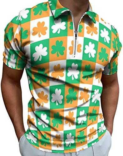 PDFBR Mens St Patrick Günü polo gömlekler Rahat 3D Dijital Baskı Zip Up Boyun Kısa Kollu Gömlek Yeşil Grafik Golf Tops
