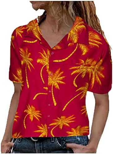 Comıgeewa Kadın Kısa Kollu Bluz Grafik Bluzlar Tişörtleri Balıkçı Yaka Spandex Plaj Hawaiian Tropikal Bluz Düğmesi B8