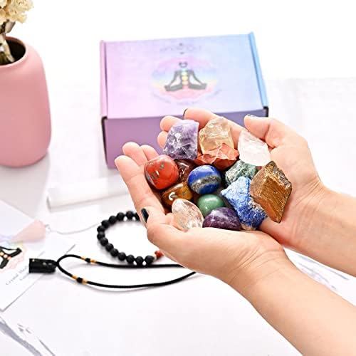 HOUROCKY çakra kristal şifa taşları hediye seti-Yoga meditasyon Reiki için doğal kristal,ham cilalı taşlar ile gerçek kristal