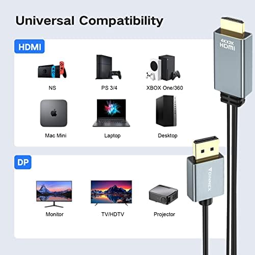 FOINNEX Alüminyum HDMI DisplayPort Kablosu, 6Ft HDMI DP Adaptörü Destekler 4K@60Hz/2K@144Hz Bilgisayar ile uyumlu, monitör