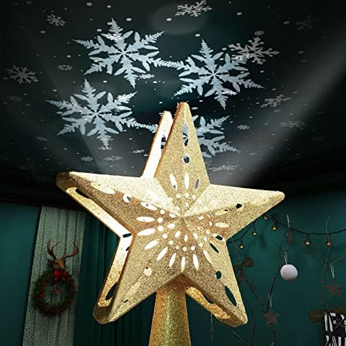 MECORDS Noel ağacı Topper altın yıldız ile 3D ayarlanabilir Led dönen beyaz kar tanesi projektör ışıkları tatil kış kapalı