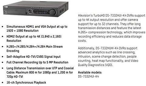 HİKVİSİON DS-7332HUI-K4-16TB PRO Serisi TurboHD 32 Kanallı 5MP Tribrid DVR, ABD Versiyonu, (16 TB HDD Dahil)