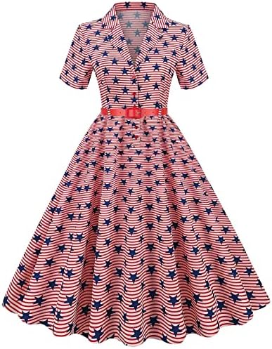 4th Temmuz Kadın Parti Gömlek Elbiseler 1950s Vintage askı elbise Ev Hanımı Kısa Kollu Düğme Yaka Kokteyl Elbise