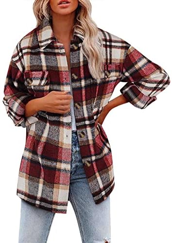 2023 Moda Ekose Gömlek Mont Kadın Artı Boyutu Rahat Günlük Düğme Ceketler Bluz Yün Karışımı Rahat Dış Giyim