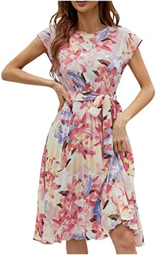 Yaz Pilili Elbise Kadınlar için Kap Kollu Çiçek Baskı Midi Elbiseler Kuşaklı Yüksek Bel Boho Casual Sevimli Dökümlü Sundress