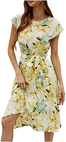 Yaz Pilili Elbise Kadınlar için Kap Kollu Çiçek Baskı Midi Elbiseler Kuşaklı Yüksek Bel Boho Casual Sevimli Dökümlü Sundress