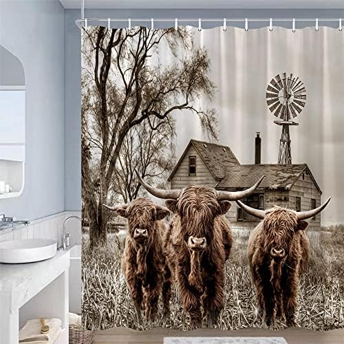 JJNAEE Yayla İnek Duş Perdesi Rustik Çiftlik Hayvanı Batı Fırıldak Yaban Hayatı Boğa Çiftlik Evi Antika Araba Amerikan Tarzı