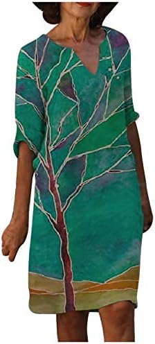 Vestidos Kadınlar Yaz Casual Kısa Kollu Elbise Vintage V Yaka Soyut Baskı Gevşek Diz Boyu Elbise Anne için Yeşil XL