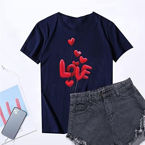 Crewneck Sevgililer Gömlek Kadınlar için Kısa Kollu Yaz Tunik Üstleri Sevimli Sevilen Kalp Balon Baskı Tee Gömlek Bluz