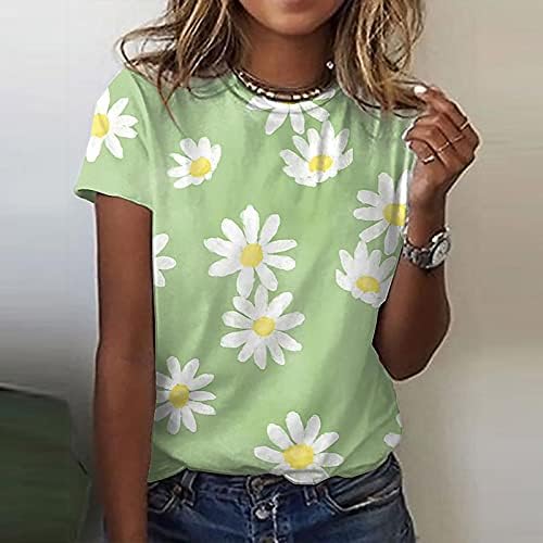 Yaz T Shirt Kadınlar için 2023 Moda Papatya Çiçek Baskı Rahat Üstleri Rahat Kısa Kollu Yuvarlak Boyun Bluz Tees