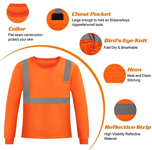 Yeni Olym Sınıf 3 Hi Vis Güvenlik T Shirt, Yansıtıcı Uzun Kollu İş T Shirt Yüksek Görünürlük Cep
