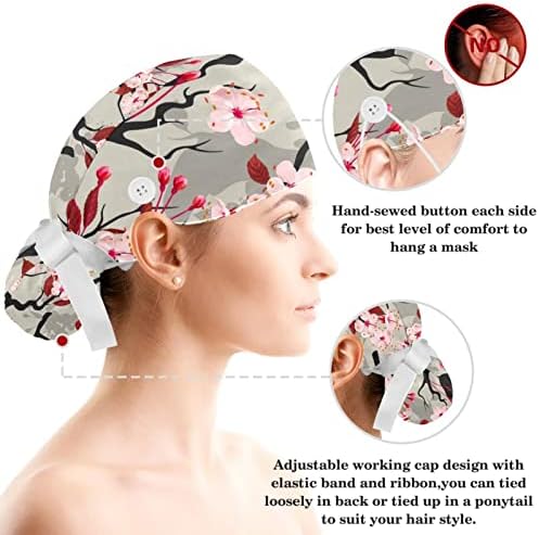Kiraz Blooming Sakura Çiçekler Çalışma Kap ile Düğme ve Ter Bandı Ayarlanabilir Unisex Kravat Geri Şapka Hemşire Cerrahi