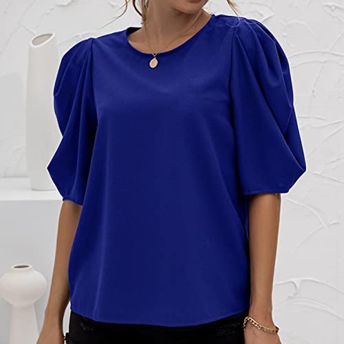 lcepcy Düz Yaz Üstleri Kadınlar için Puf Kollu Yuvarlak Boyun Tişörtleri Gevşek Fit Bluzlar Tayt ile Giymek