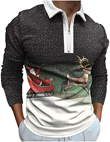 XXBR Noel Erkek polo gömlekler Uzun Kollu Zip Up Yakalı boyun Üstleri Komik Noel Noel Baba Kar Tanesi Baskı golf gömlekleri