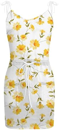 ıQKA Kadın Cami Elbise Spagetti Kayışı Kısa Mini Sundress Çiçek Baskı V Boyun Kravat Bel Rahat Plaj Sling Elbiseler Vestidos
