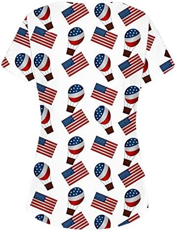 4th Temmuz Tshirt Kadınlar için Amerikan Bayrağı Yaz Kısa Kollu V Yaka T-Shirt 2 Cepler Bluzlar Tatil Rahat İş Giysisi