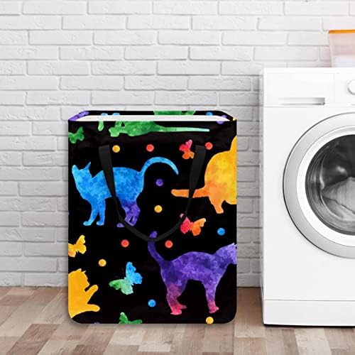 Colorfuo Kedi Kelebekler Puantiyeli Baskı Katlanabilir çamaşır Sepeti, 60L Su Geçirmez çamaşır sepetleri çamaşır Kutusu Giysi