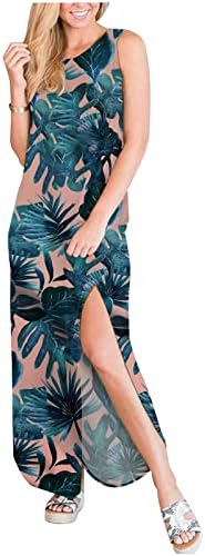 Kadın Uzun Sundress Casual Batik Maxi Elbise Yuvarlak Boyun Bölünmüş Plaj Elbise Kolsuz Hawaii Mezuniyet Elbise Cepler ile
