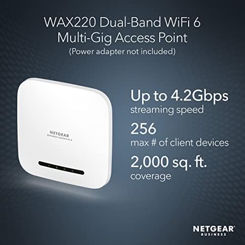 NETGEAR Kablosuz Erişim Noktası (WAX220) - WiFi 6 Çift Bantlı AX4200 Hız / 1x1g Ethernet PoE + Bağlantı noktası / 256 cihaza
