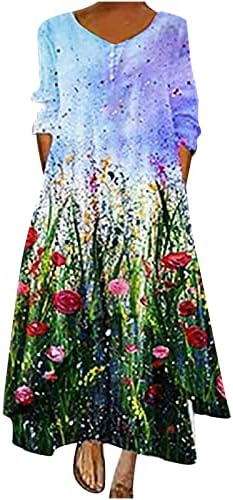 Bayan Çiçek Grafik Elbiseler V Boyun Spandex Elbiseler Uzun Kollu Maxi Brunch Asimetrik Yaz Sonbahar Elbiseler TY