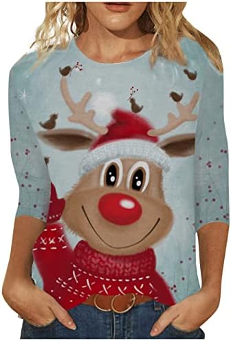 NOKMOPO Noel Gömlek Bayan Moda Rahat Çeyrek Kollu Noel Baskı Yuvarlak Boyun Kazak Temel T-Shirt