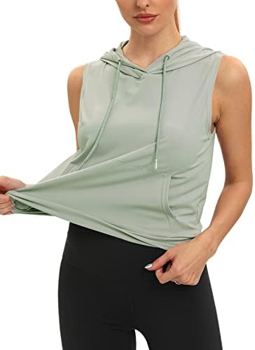 Cyanstyle kadın Buz Ipek Yaz Kolsuz Egzersiz Hızlı Kuru Kapüşonlu Kırpma Yoga Tank Top ıle Cep