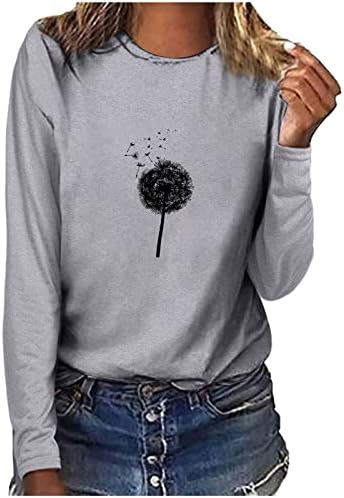 Kadın Üstleri Rahat Karahindiba Grafik Uzun Kollu Tunik Üst 2023 Sonbahar Moda Gevşek Fit Crewneck Temel Bluz Tshirt