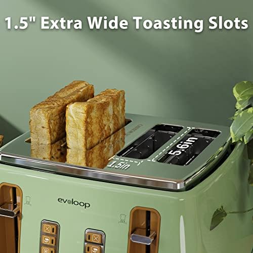 evoloop Tost Makinesi 4 Dilim, Çift Bağımsız Kontrol Panelli Büyük Boy Retro Paslanmaz Çelik Ekmek Kızartıcı, 6 Esmerleşme
