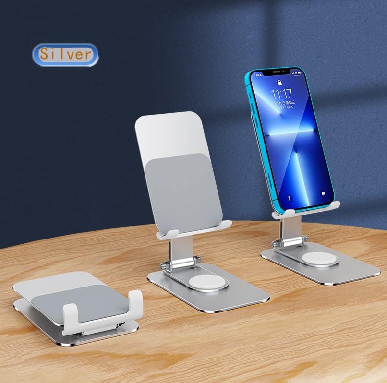 COMETİCS Alüminyum Alaşımlı 360° Döner Telefon Standı, Ayarlanabilir Katlanabilir Masaüstü Telefon Tutucu (Gümüş)