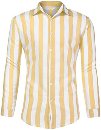 Erkekler Rahat Çizgili Düğme Aşağı Gömlek Uzun Kollu Slim Fit Plaj Gömlek Güz Düzenli Fit İş Elbise Gömlek Üst (Sarı, 4X-Large)