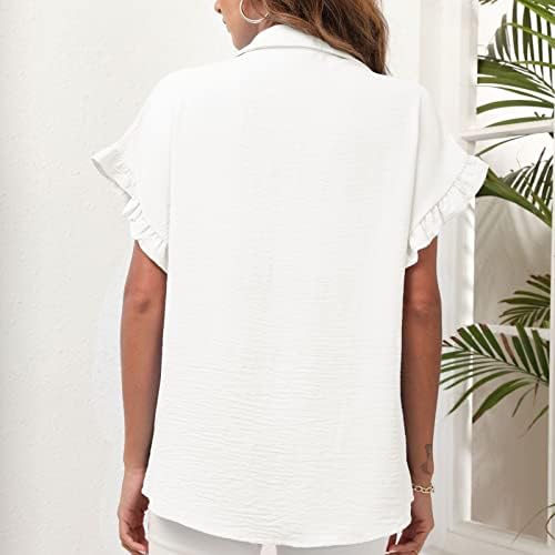 Kadın Dışarı Çıkmak yazlık gömlek Kısa Fırfır Kollu Krep Yaka Gevşek Fit Tops Düğme Aşağı Düz Renk Şık Bluz