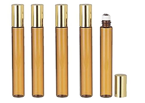 Grand Parfums 6 Adet İnce Uzun Amber Cam Kahverengi 10ml rolon şişe Altın Metalik Kapaklar uçucu yağ Çelik metal bilye Seyahat