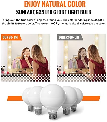 SunLake 10 Paket G25 Vanity Led Küre ampuller 5 Watt (40 Watt Eşdeğeri) Kısılabilir, 5000K Gün ışığı LED'i, Göz Dostu 450