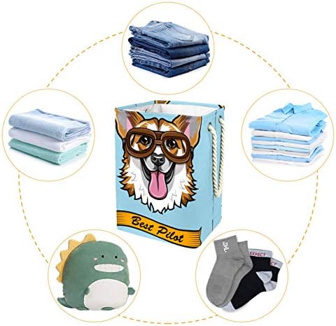 Komik Corgi Pilot Köpek Büyük Katlanabilir çamaşır sepeti Katlanabilir Kirli çamaşır sepeti Çanta Kolej Ev Çamaşır Odası