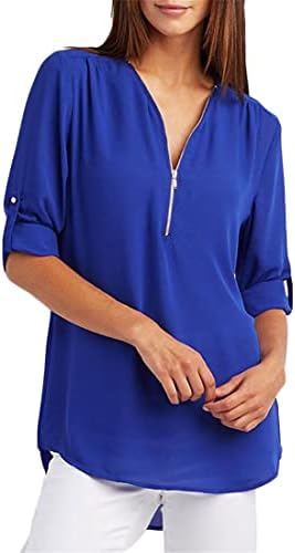 Andongnywell kadın Kısa Kollu Zip Tunik Üstleri Rahat Çalışma Ofisi Bluz Gömlek Çekme Kollu Gevşek Şifon Gömlek