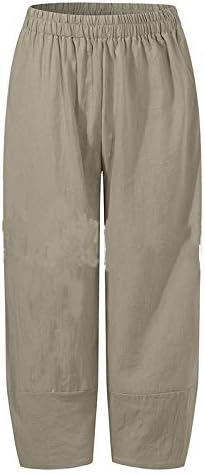 LMSXCT Bayan Keten Pantolon Yüksek Belli Geniş Bacak kapri pantolonlar Katı Kırpılmış Pantolon Rahat Gevşek Kapriler cepli