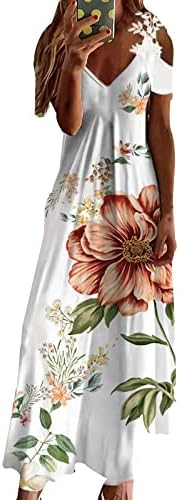 Kadın Yaz Elbiseler Soğuk Omuz Dantel Kısa Kollu Maxi Elbise Casual Trendy Çiçek V Boyun Flowy Plaj Elbiseleri