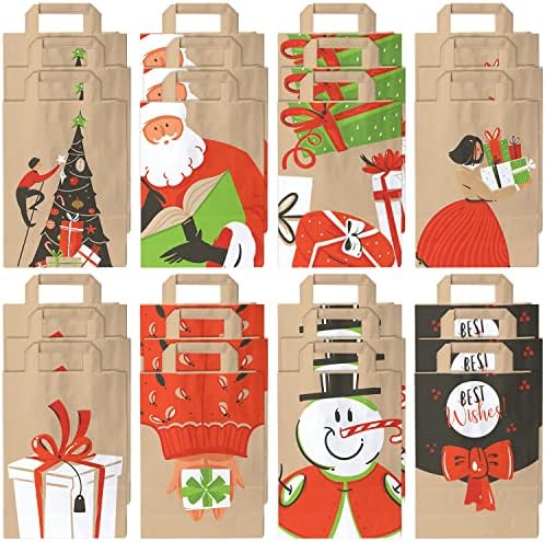 24 Parça Orta Boy Noel Hediye Çantaları - Kulplu Kahverengi Hediye Çantaları, Noel Baba, Hediyeler, Noel Ağaçları ve Kardan