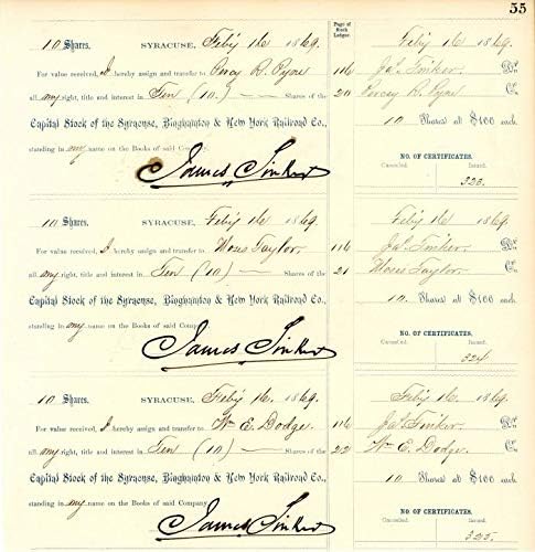 Syracuse, Binghamton ve New York Railroad Co. için 3 Transfer Sayfası. Percy R. Pyne, Moses Taylor ve Wm'ye transfer edildi.