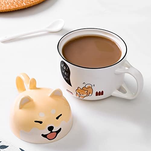 Kaşık ve Kapaklı OverTwice Shiba Inu Sevimli Kahve Kupa, Kapak ikinci bir fincan, Doğum Günü hediyesi, Nişan Hediyesi, Kız