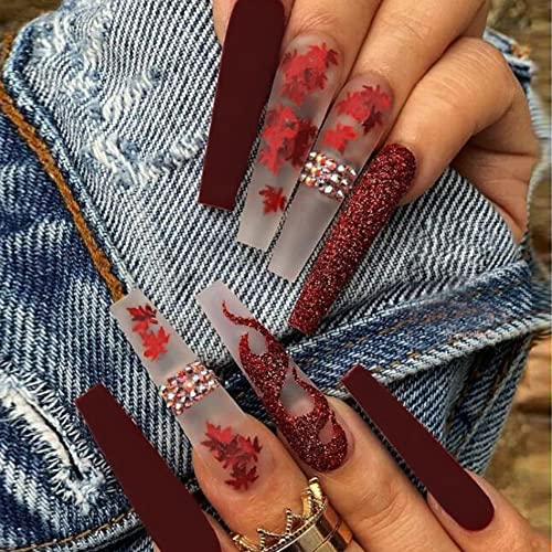 24 Adet Tırnaklar üzerinde Basın Uzun Akçaağaç Yaprağı takma tırnak Tırnak Tutkal Güz Glitter Alev Tasarım Rhinestones Tabut