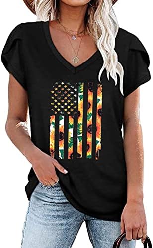 Bayan Kısa Kollu Tişörtleri ABD Bağımsızlık Günü Çiçek Bluzlar Tişörtleri Dalma Yaka Spandex Salonu Tişörtleri ZQ