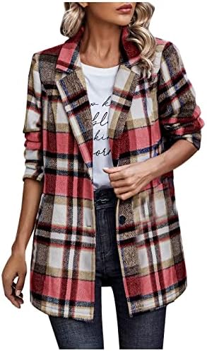 Shacket Ceket Kadınlar için Rahat Yaka Yün Karışımı Ekose Ceketler Moda Açık Ön Uzun Kollu Flanel Gömlek Ceket